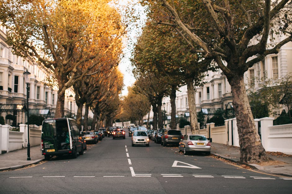 A residential street scene in W8, featuring a row of multi-storey Victorian-style terraced houses with white facades and decorative architectural details, lining the pavement. Parked along the curb ar